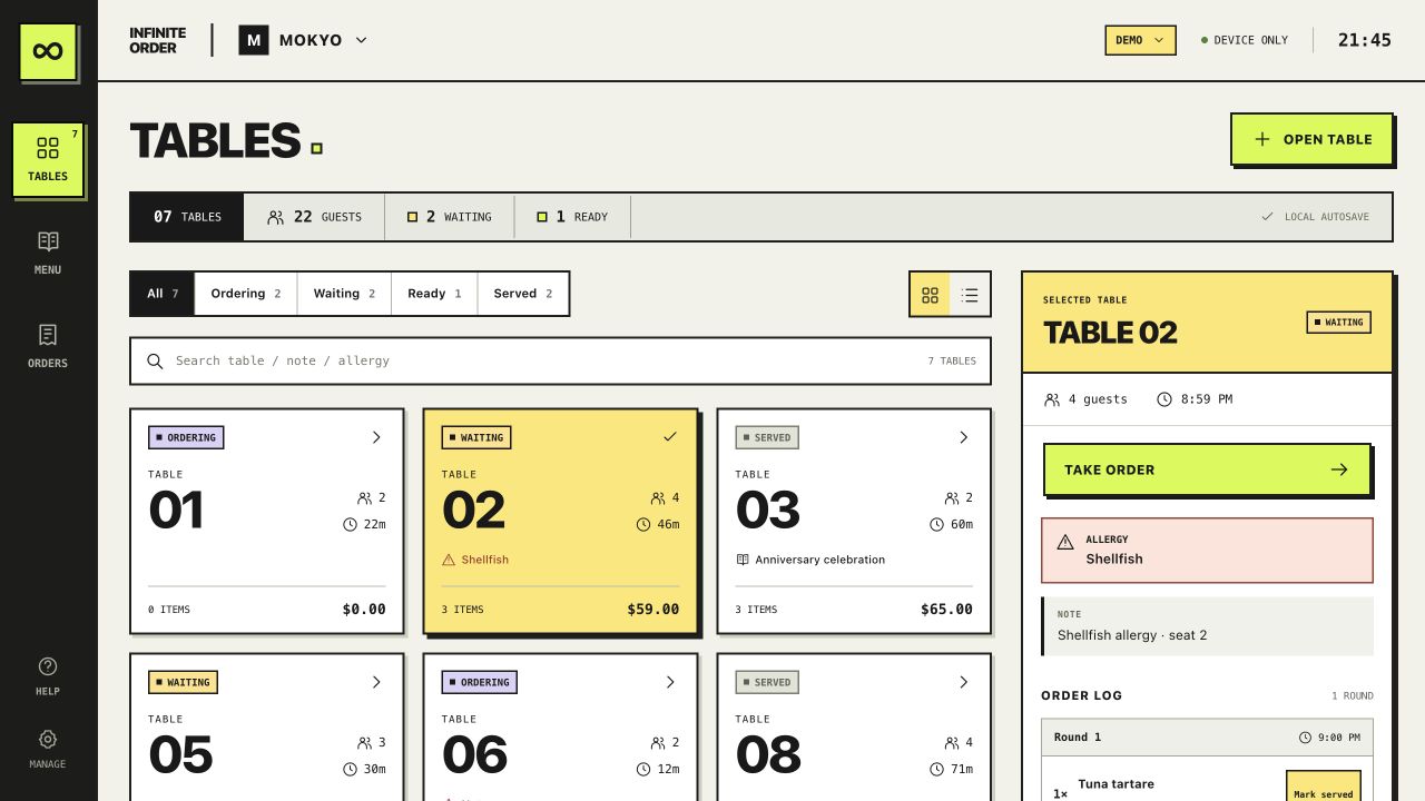 Infinite Order’s redesigned table dashboard with service statuses, allergy notes, and a selected table’s order log